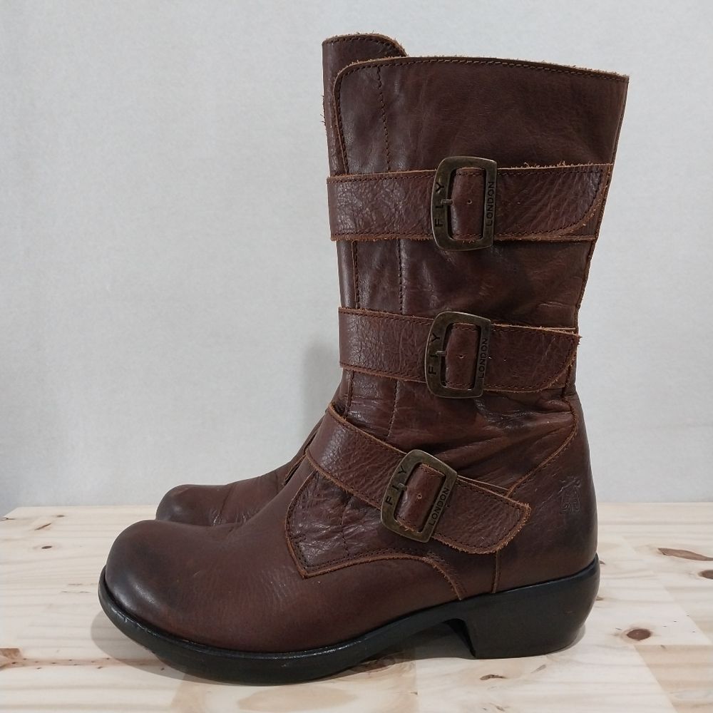 Fly London Boots Moto Combat Women's Size 40 Brown Leather Buckle Grunge Boho - Picture 2 of 14